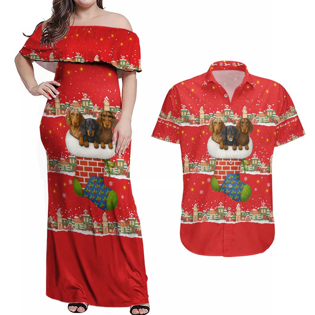 Funny Dachshund Dog Light Up Christmas Couples Matching Off Shoulder Maxi Dress and Hawaiian Shirt Snowy Village Red Holiday Design - Wonder Print Shop