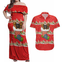 Funny Dachshund Dog Light Up Christmas Couples Matching Off Shoulder Maxi Dress and Hawaiian Shirt Snowy Village Red Holiday Design - Wonder Print Shop
