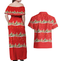 Funny Dachshund Dog Light Up Christmas Couples Matching Off Shoulder Maxi Dress and Hawaiian Shirt Snowy Village Red Holiday Design - Wonder Print Shop