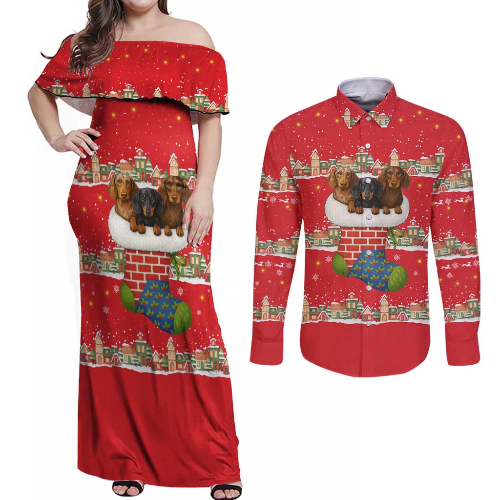 Funny Dachshund Dog Light Up Christmas Couples Matching Off Shoulder Maxi Dress and Long Sleeve Button Shirt Snowy Village Red Holiday Design - Wonder Print Shop