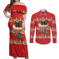Funny Dachshund Dog Light Up Christmas Couples Matching Off Shoulder Maxi Dress and Long Sleeve Button Shirt Snowy Village Red Holiday Design - Wonder Print Shop