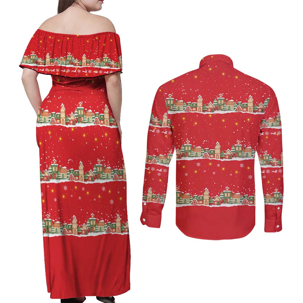 Funny Dachshund Dog Light Up Christmas Couples Matching Off Shoulder Maxi Dress and Long Sleeve Button Shirt Snowy Village Red Holiday Design - Wonder Print Shop