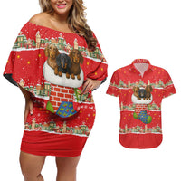 Funny Dachshund Dog Light Up Christmas Couples Matching Off Shoulder Short Dress and Hawaiian Shirt Snowy Village Red Holiday Design - Wonder Print Shop