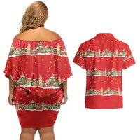 Funny Dachshund Dog Light Up Christmas Couples Matching Off Shoulder Short Dress and Hawaiian Shirt Snowy Village Red Holiday Design - Wonder Print Shop
