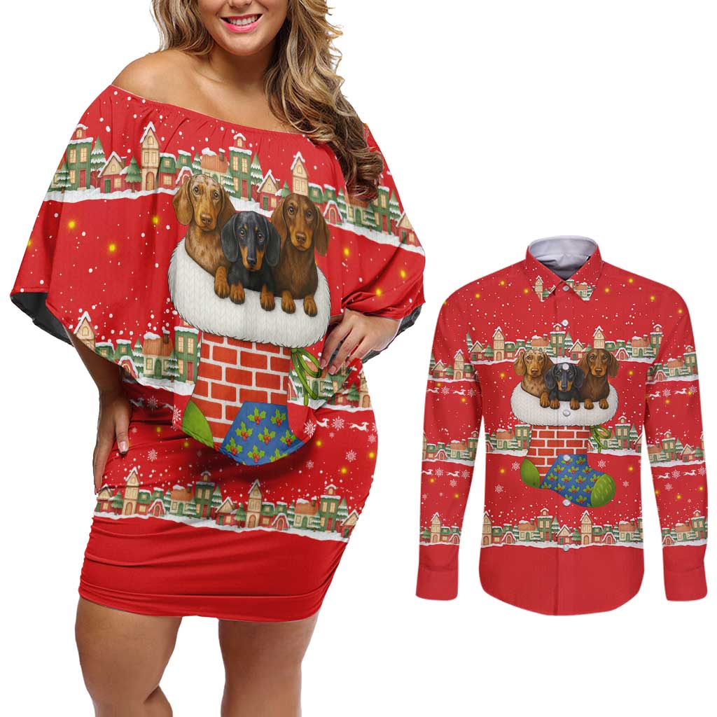 Funny Dachshund Dog Light Up Christmas Couples Matching Off Shoulder Short Dress and Long Sleeve Button Shirt Snowy Village Red Holiday Design - Wonder Print Shop