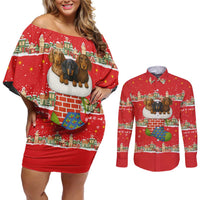 Funny Dachshund Dog Light Up Christmas Couples Matching Off Shoulder Short Dress and Long Sleeve Button Shirt Snowy Village Red Holiday Design - Wonder Print Shop