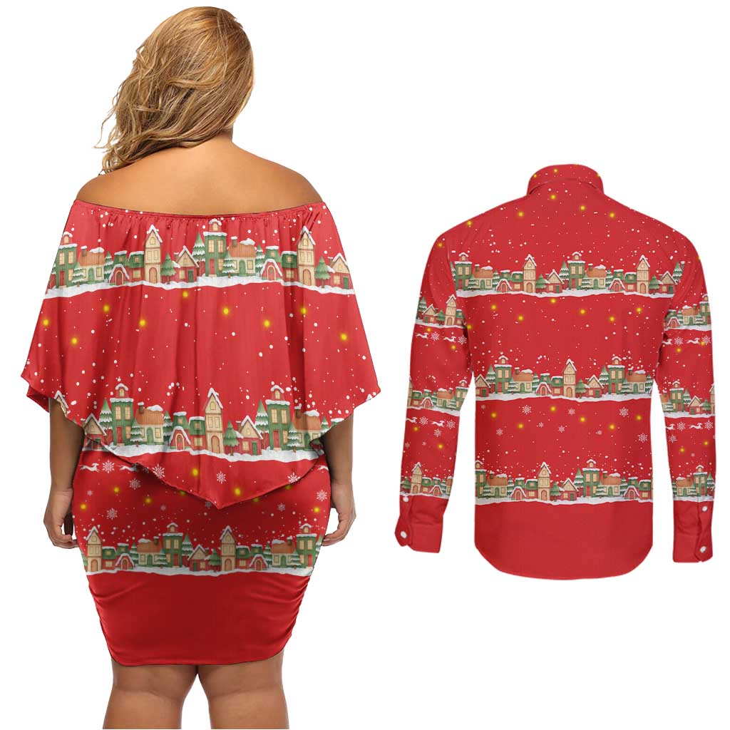 Funny Dachshund Dog Light Up Christmas Couples Matching Off Shoulder Short Dress and Long Sleeve Button Shirt Snowy Village Red Holiday Design - Wonder Print Shop