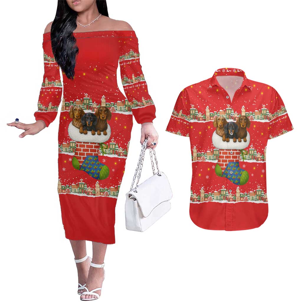Funny Dachshund Dog Light Up Christmas Couples Matching Off The Shoulder Long Sleeve Dress and Hawaiian Shirt Snowy Village Red Holiday Design - Wonder Print Shop
