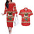 Funny Dachshund Dog Light Up Christmas Couples Matching Off The Shoulder Long Sleeve Dress and Hawaiian Shirt Snowy Village Red Holiday Design - Wonder Print Shop