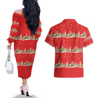 Funny Dachshund Dog Light Up Christmas Couples Matching Off The Shoulder Long Sleeve Dress and Hawaiian Shirt Snowy Village Red Holiday Design - Wonder Print Shop