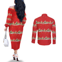 Funny Dachshund Dog Light Up Christmas Couples Matching Off The Shoulder Long Sleeve Dress and Long Sleeve Button Shirt Snowy Village Red Holiday Design - Wonder Print Shop