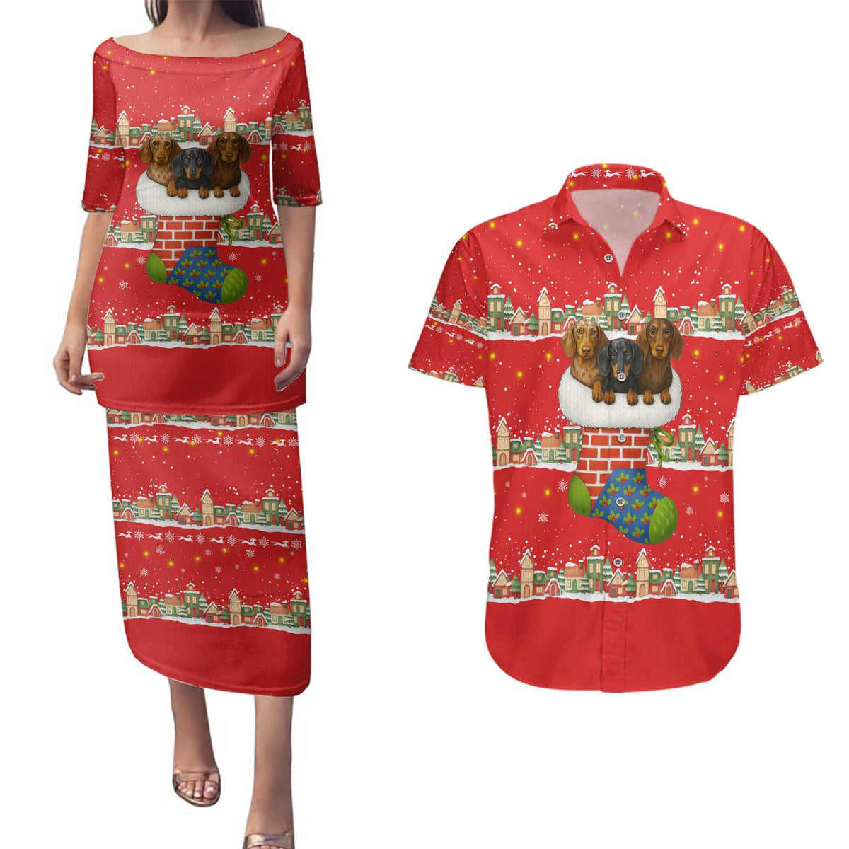 Funny Dachshund Dog Light Up Christmas Couples Matching Puletasi and Hawaiian Shirt Snowy Village Red Holiday Design - Wonder Print Shop