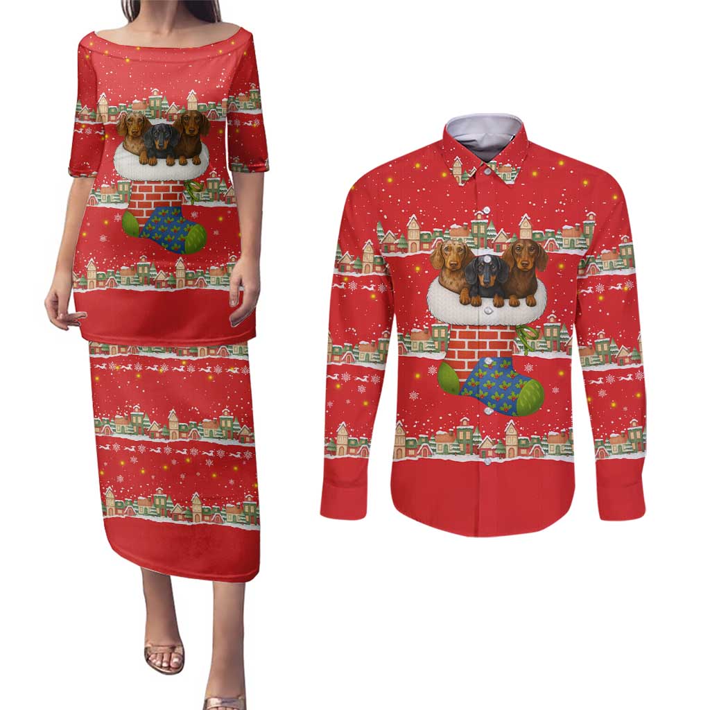 Funny Dachshund Dog Light Up Christmas Couples Matching Puletasi and Long Sleeve Button Shirt Snowy Village Red Holiday Design - Wonder Print Shop