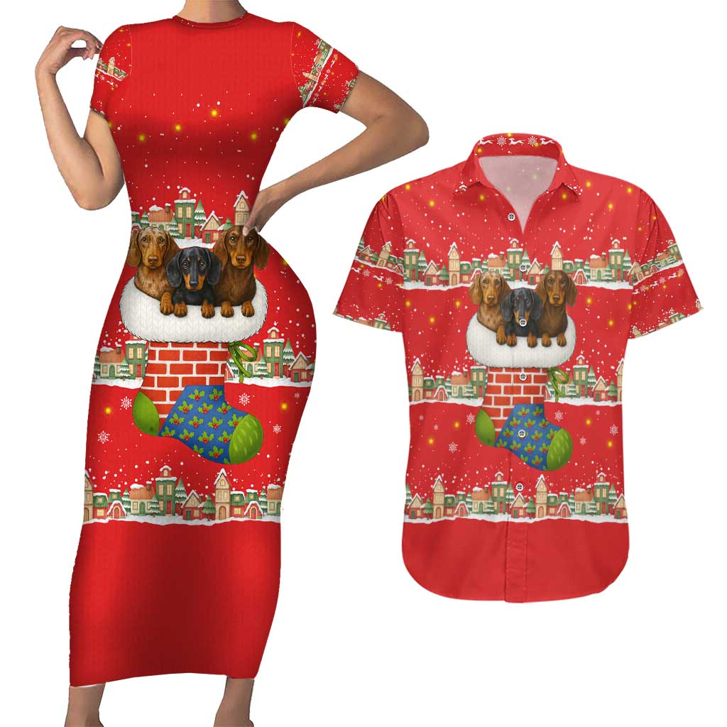 Funny Dachshund Dog Light Up Christmas Couples Matching Short Sleeve Bodycon Dress and Hawaiian Shirt Snowy Village Red Holiday Design - Wonder Print Shop