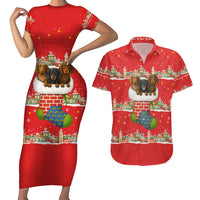 Funny Dachshund Dog Light Up Christmas Couples Matching Short Sleeve Bodycon Dress and Hawaiian Shirt Snowy Village Red Holiday Design - Wonder Print Shop