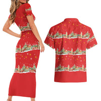 Funny Dachshund Dog Light Up Christmas Couples Matching Short Sleeve Bodycon Dress and Hawaiian Shirt Snowy Village Red Holiday Design - Wonder Print Shop