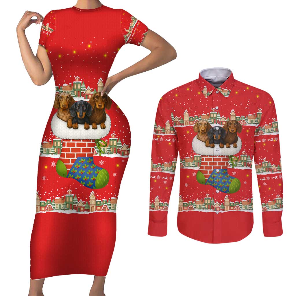 Funny Dachshund Dog Light Up Christmas Couples Matching Short Sleeve Bodycon Dress and Long Sleeve Button Shirt Snowy Village Red Holiday Design - Wonder Print Shop
