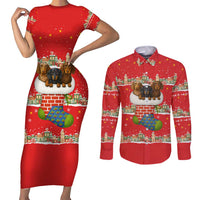 Funny Dachshund Dog Light Up Christmas Couples Matching Short Sleeve Bodycon Dress and Long Sleeve Button Shirt Snowy Village Red Holiday Design - Wonder Print Shop