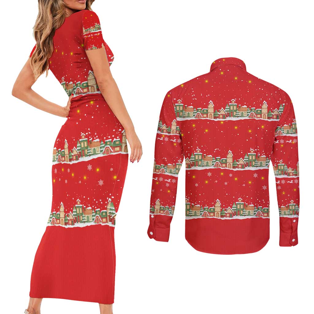 Funny Dachshund Dog Light Up Christmas Couples Matching Short Sleeve Bodycon Dress and Long Sleeve Button Shirt Snowy Village Red Holiday Design - Wonder Print Shop