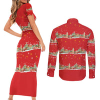 Funny Dachshund Dog Light Up Christmas Couples Matching Short Sleeve Bodycon Dress and Long Sleeve Button Shirt Snowy Village Red Holiday Design - Wonder Print Shop
