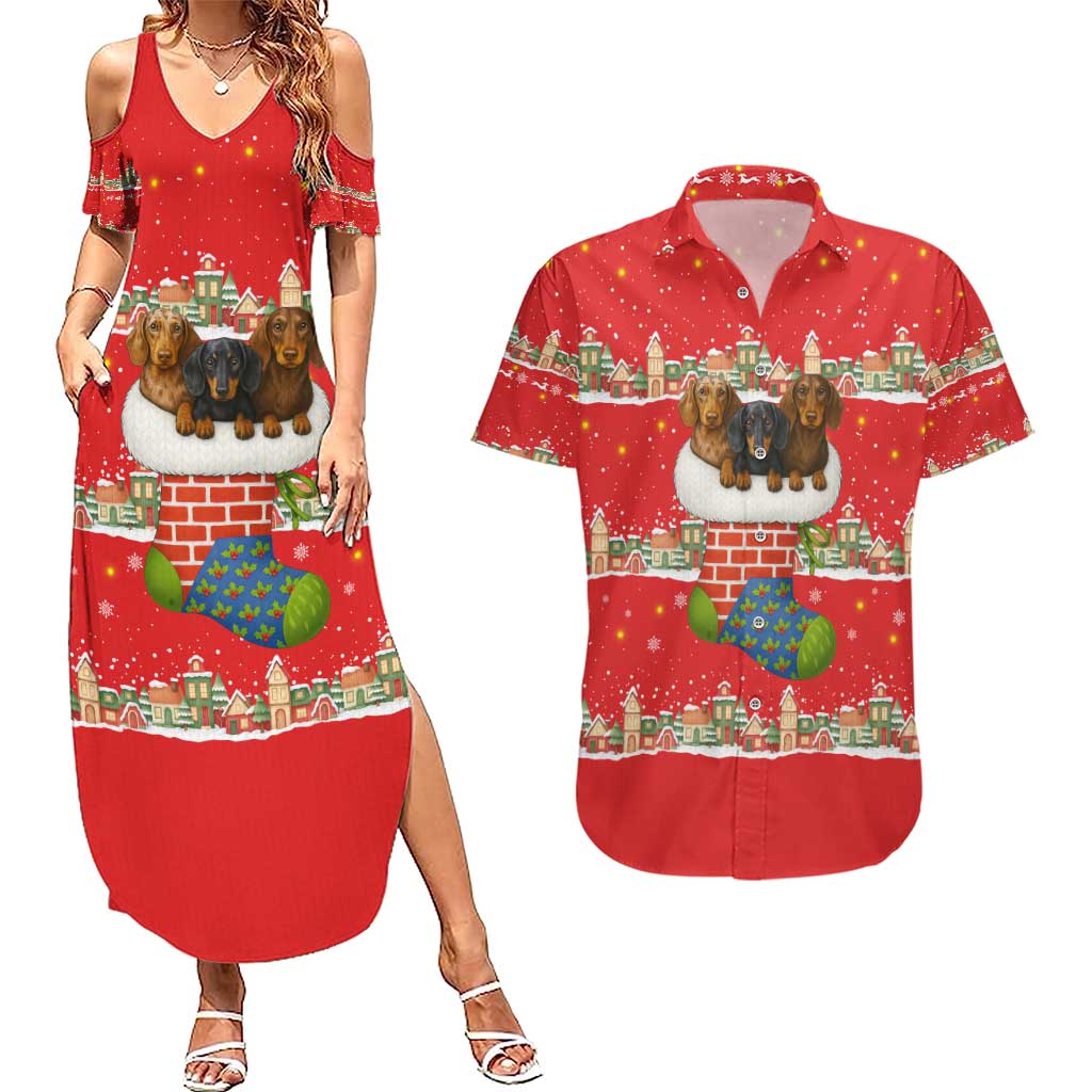 Funny Dachshund Dog Light Up Christmas Couples Matching Summer Maxi Dress and Hawaiian Shirt Snowy Village Red Holiday Design - Wonder Print Shop
