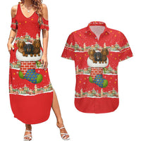 Funny Dachshund Dog Light Up Christmas Couples Matching Summer Maxi Dress and Hawaiian Shirt Snowy Village Red Holiday Design - Wonder Print Shop