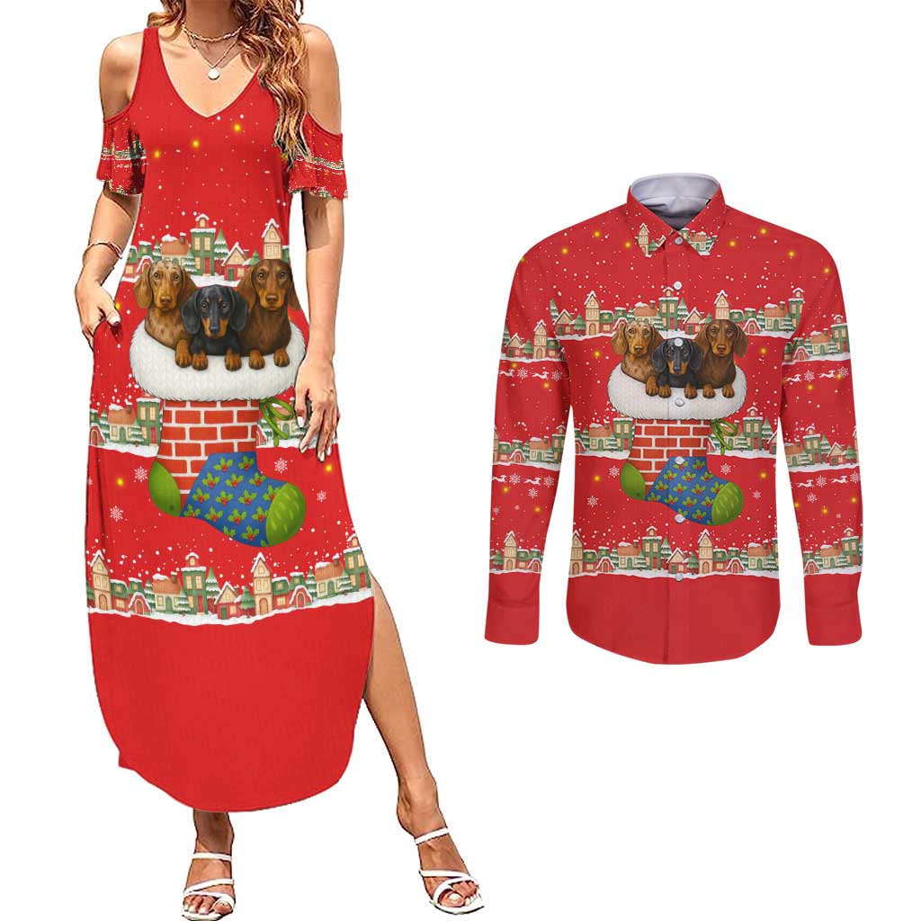 Funny Dachshund Dog Light Up Christmas Couples Matching Summer Maxi Dress and Long Sleeve Button Shirt Snowy Village Red Holiday Design - Wonder Print Shop