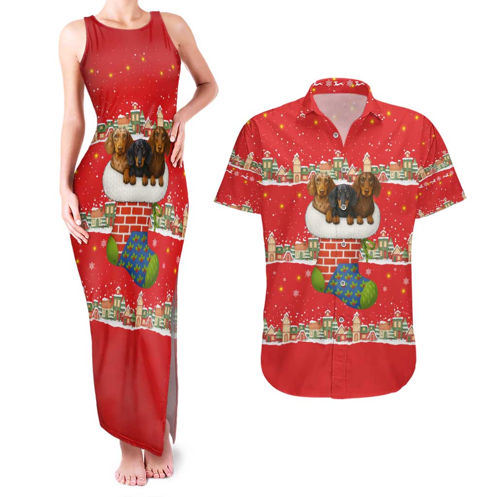Funny Dachshund Dog Light Up Christmas Couples Matching Tank Maxi Dress and Hawaiian Shirt Snowy Village Red Holiday Design - Wonder Print Shop