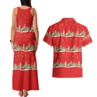 Funny Dachshund Dog Light Up Christmas Couples Matching Tank Maxi Dress and Hawaiian Shirt Snowy Village Red Holiday Design - Wonder Print Shop