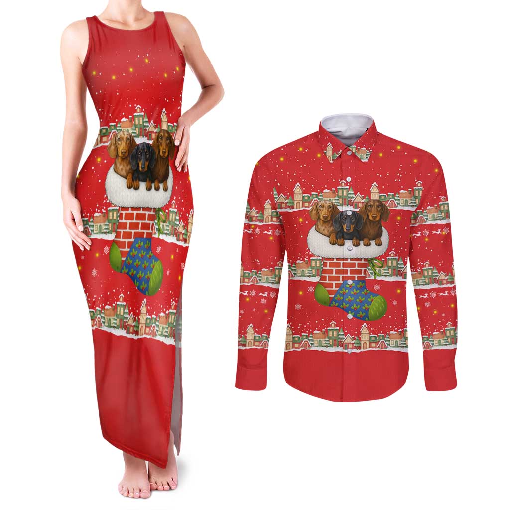 Funny Dachshund Dog Light Up Christmas Couples Matching Tank Maxi Dress and Long Sleeve Button Shirt Snowy Village Red Holiday Design - Wonder Print Shop