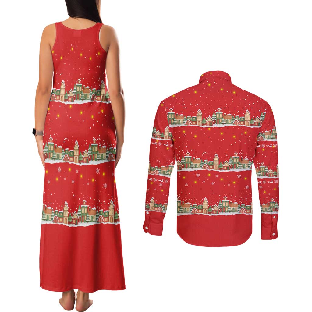 Funny Dachshund Dog Light Up Christmas Couples Matching Tank Maxi Dress and Long Sleeve Button Shirt Snowy Village Red Holiday Design - Wonder Print Shop