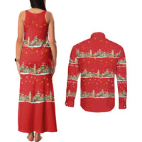 Funny Dachshund Dog Light Up Christmas Couples Matching Tank Maxi Dress and Long Sleeve Button Shirt Snowy Village Red Holiday Design - Wonder Print Shop