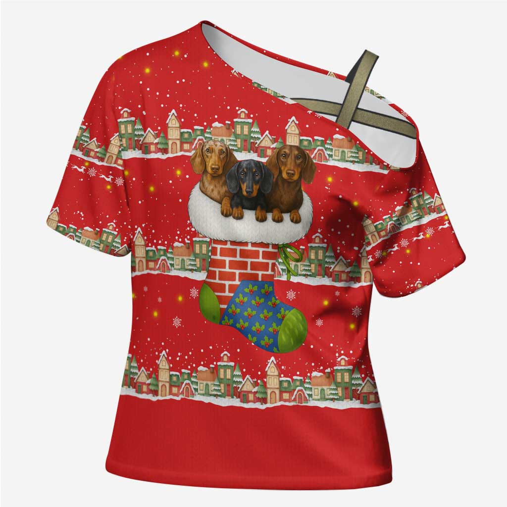 Funny Dachshund Dog Light Up Christmas Cross Shoulder Shirt Snowy Village Red Holiday Design - Wonder Print Shop
