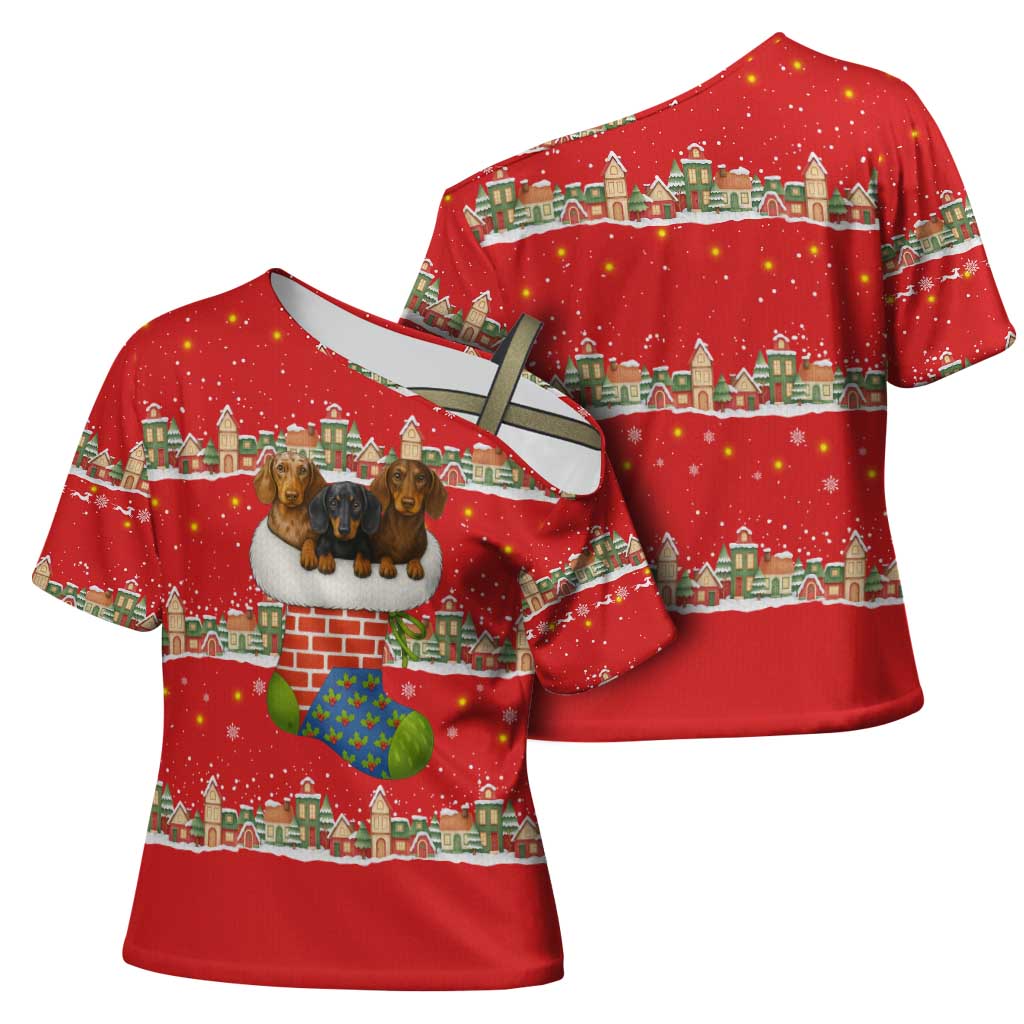 Funny Dachshund Dog Light Up Christmas Cross Shoulder Shirt Snowy Village Red Holiday Design - Wonder Print Shop