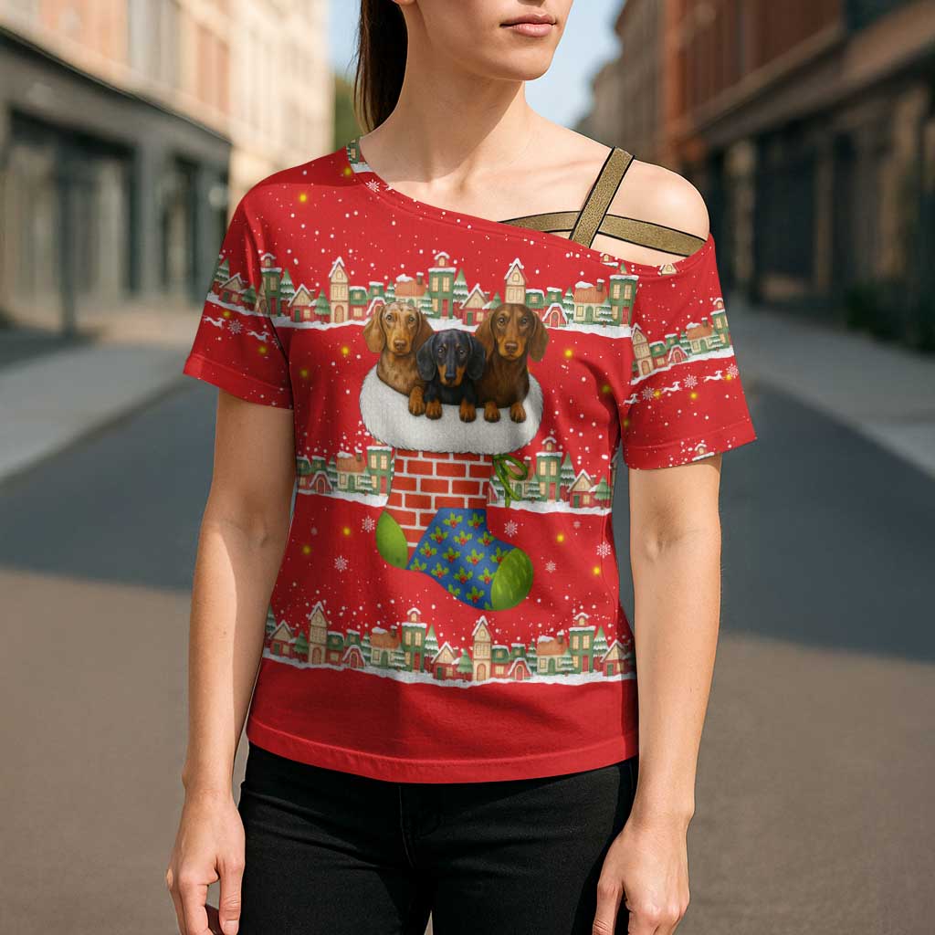 Funny Dachshund Dog Light Up Christmas Cross Shoulder Shirt Snowy Village Red Holiday Design - Wonder Print Shop