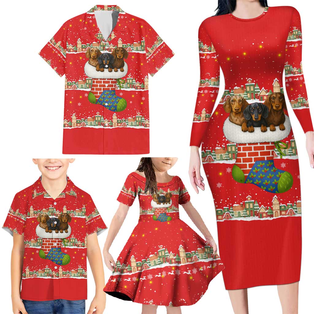 Funny Dachshund Dog Light Up Christmas Family Matching Long Sleeve Bodycon Dress and Hawaiian Shirt Snowy Village Red Holiday Design - Wonder Print Shop