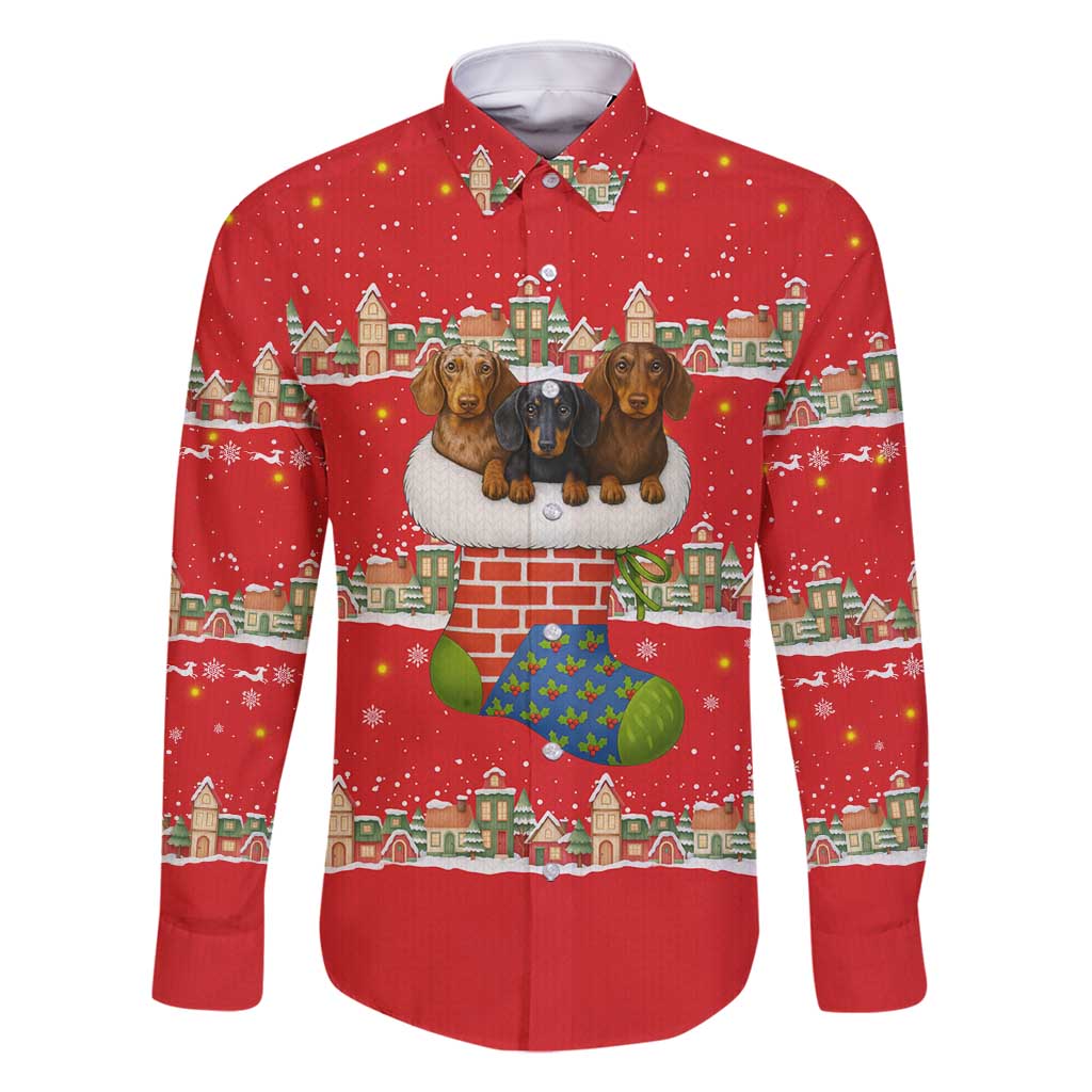 Funny Dachshund Dog Light Up Christmas Family Matching Long Sleeve Bodycon Dress and Hawaiian Shirt Snowy Village Red Holiday Design - Wonder Print Shop