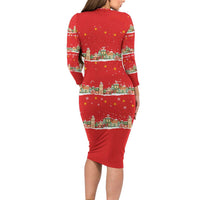 Funny Dachshund Dog Light Up Christmas Family Matching Long Sleeve Bodycon Dress and Hawaiian Shirt Snowy Village Red Holiday Design - Wonder Print Shop