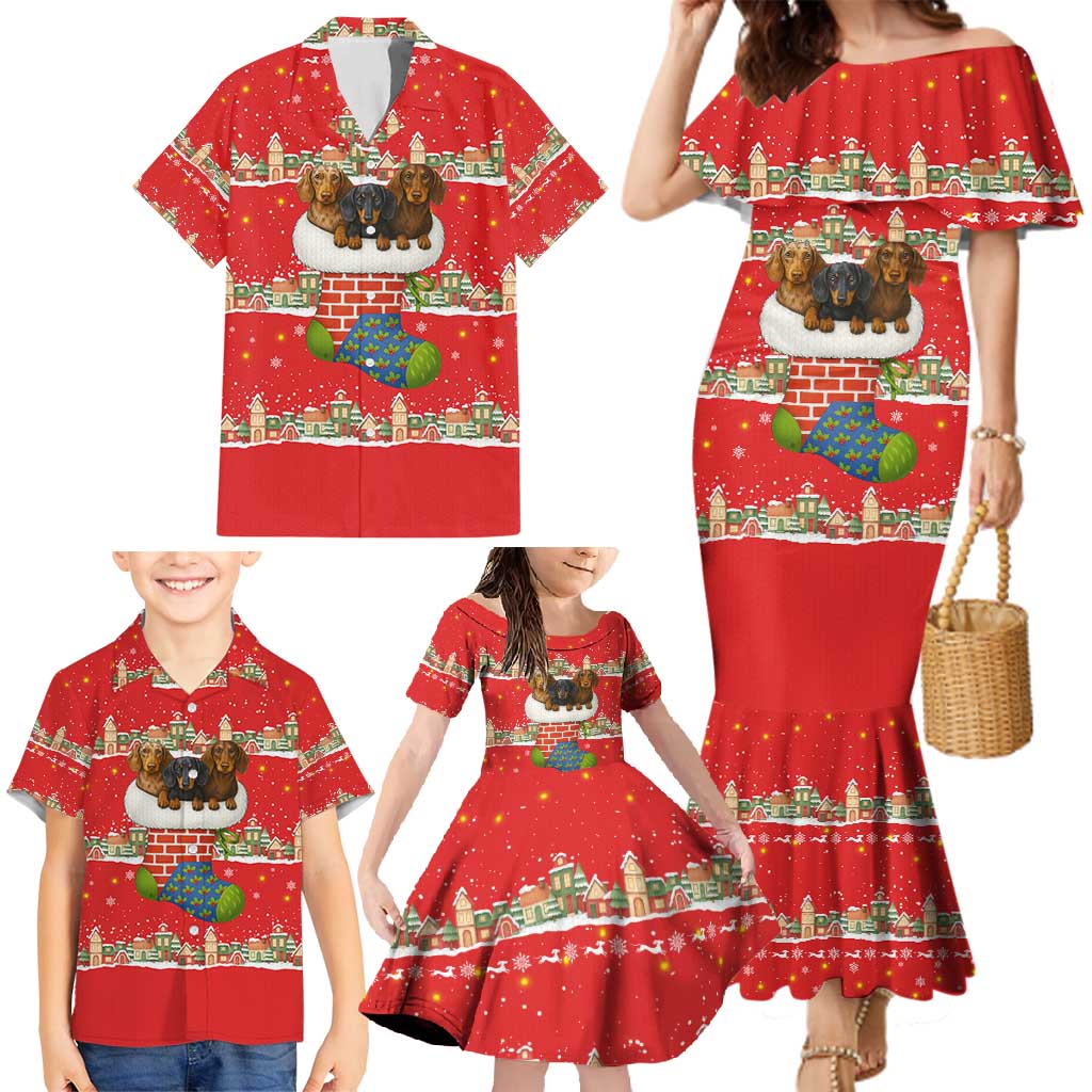 Funny Dachshund Dog Light Up Christmas Family Matching Mermaid Dress and Hawaiian Shirt Snowy Village Red Holiday Design - Wonder Print Shop