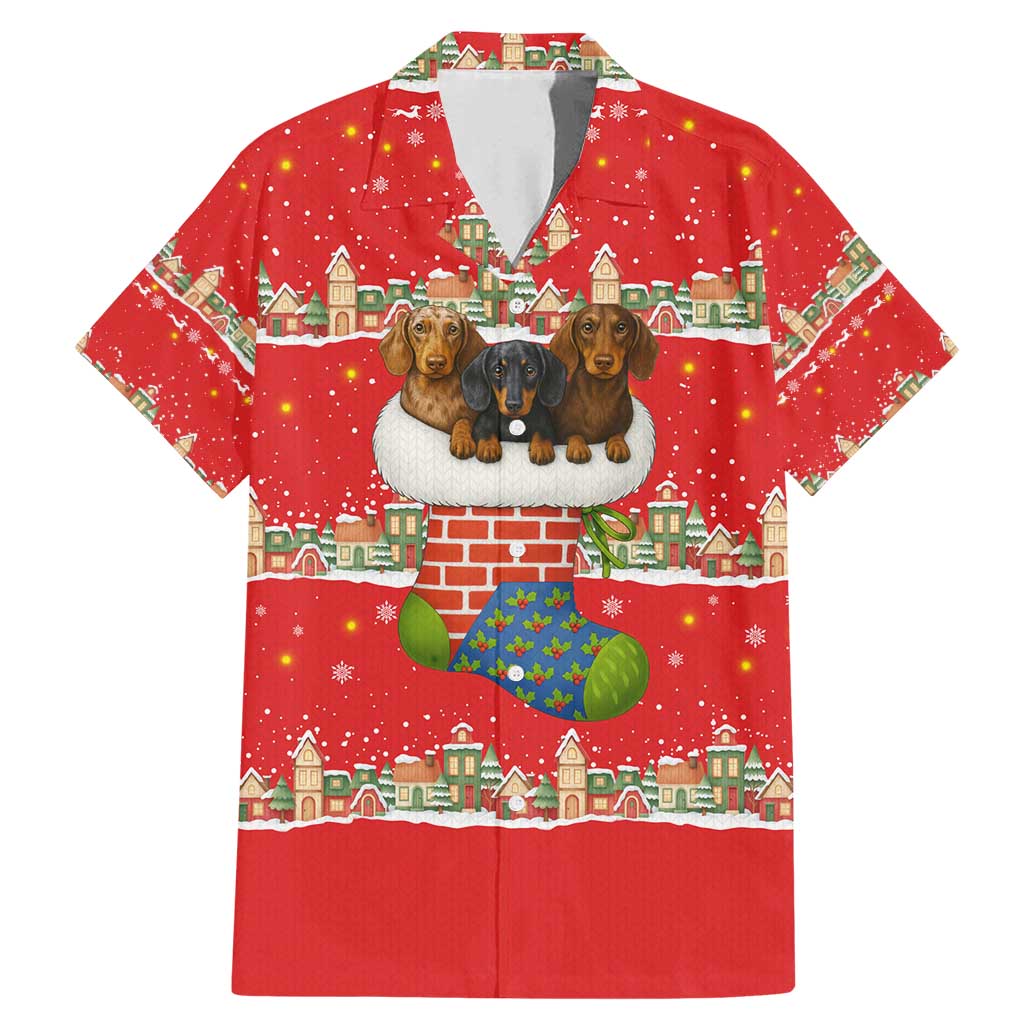 Funny Dachshund Dog Light Up Christmas Family Matching Mermaid Dress and Hawaiian Shirt Snowy Village Red Holiday Design - Wonder Print Shop