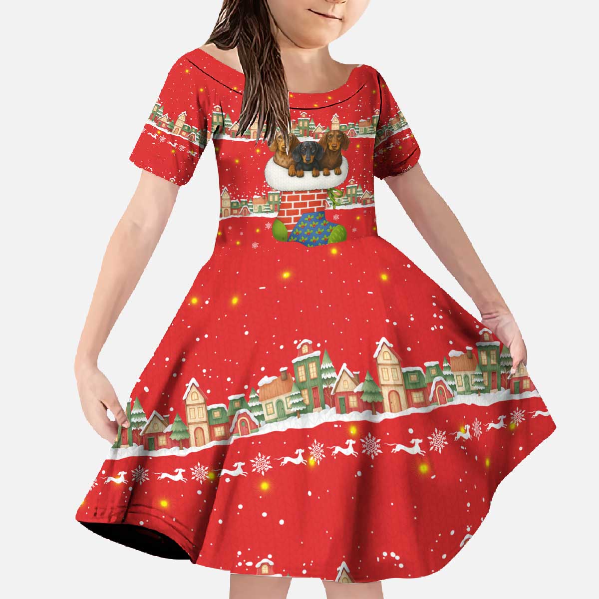 Funny Dachshund Dog Light Up Christmas Family Matching Off The Shoulder Long Sleeve Dress and Hawaiian Shirt Snowy Village Red Holiday Design - Wonder Print Shop