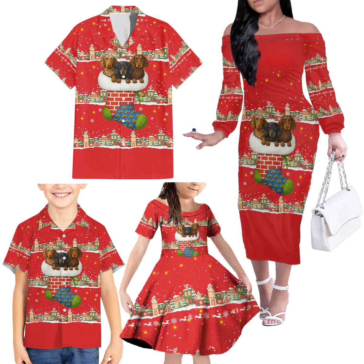 Funny Dachshund Dog Light Up Christmas Family Matching Off The Shoulder Long Sleeve Dress and Hawaiian Shirt Snowy Village Red Holiday Design - Wonder Print Shop