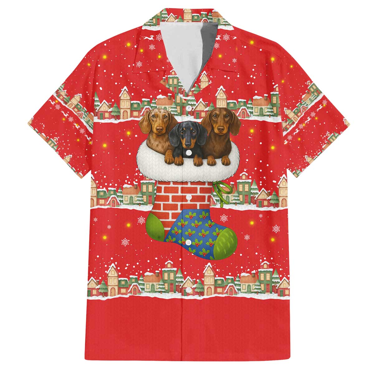 Funny Dachshund Dog Light Up Christmas Family Matching Off The Shoulder Long Sleeve Dress and Hawaiian Shirt Snowy Village Red Holiday Design - Wonder Print Shop