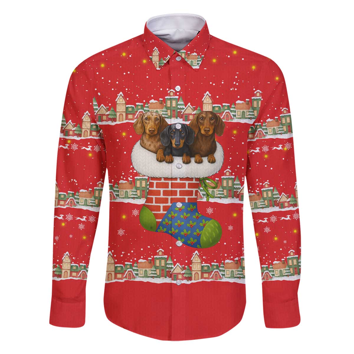 Funny Dachshund Dog Light Up Christmas Family Matching Off The Shoulder Long Sleeve Dress and Hawaiian Shirt Snowy Village Red Holiday Design - Wonder Print Shop