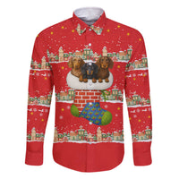 Funny Dachshund Dog Light Up Christmas Family Matching Off The Shoulder Long Sleeve Dress and Hawaiian Shirt Snowy Village Red Holiday Design - Wonder Print Shop