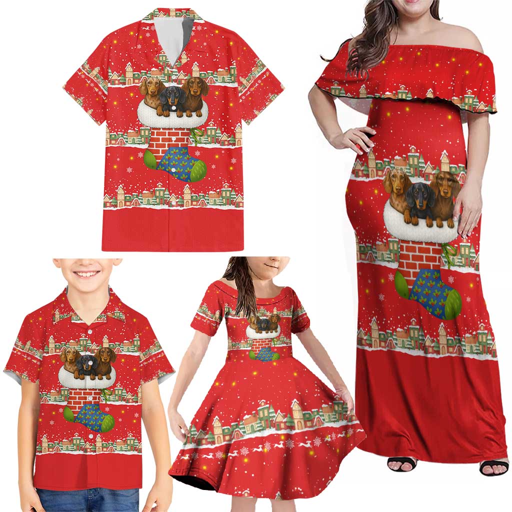 Funny Dachshund Dog Light Up Christmas Family Matching Off Shoulder Maxi Dress and Hawaiian Shirt Snowy Village Red Holiday Design - Wonder Print Shop