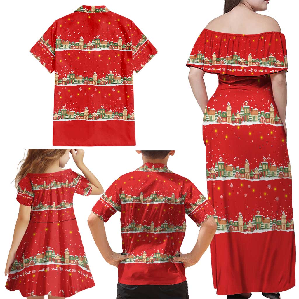 Funny Dachshund Dog Light Up Christmas Family Matching Off Shoulder Maxi Dress and Hawaiian Shirt Snowy Village Red Holiday Design - Wonder Print Shop
