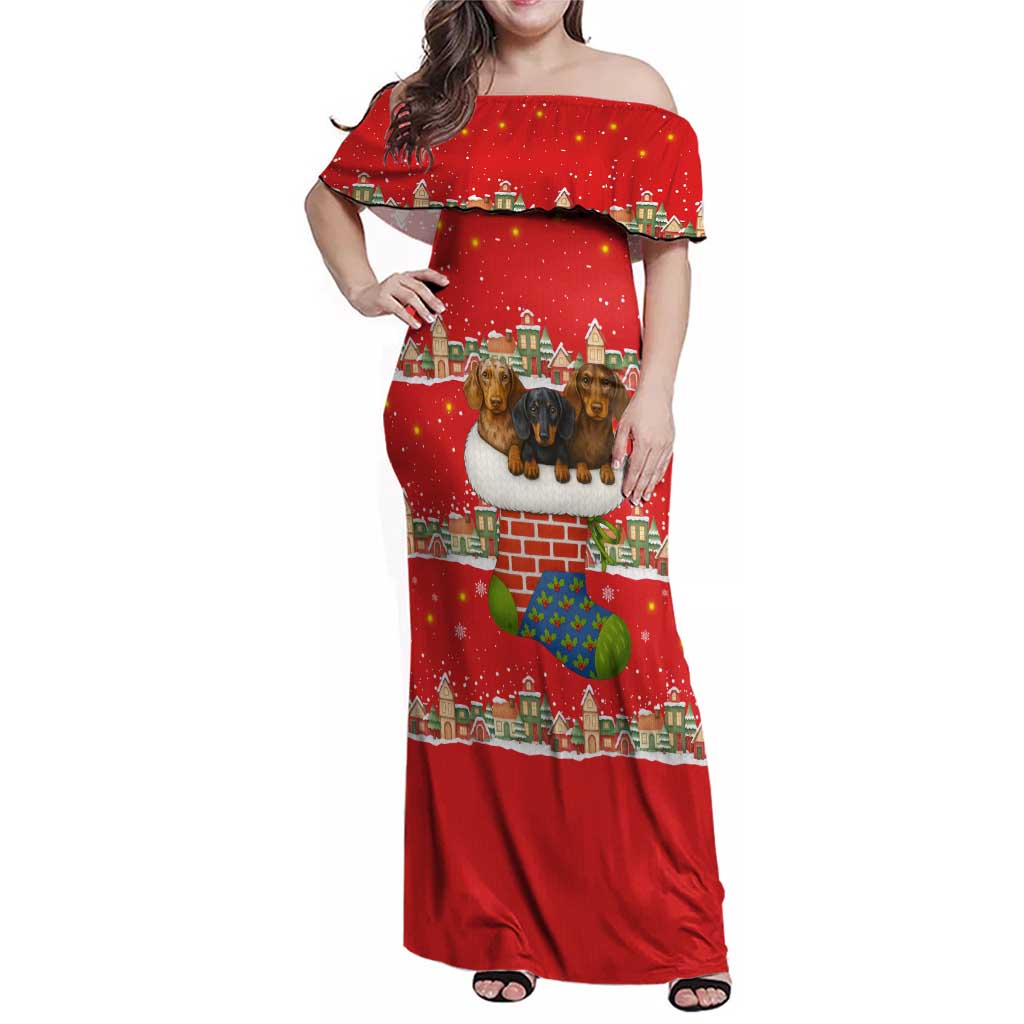 Funny Dachshund Dog Light Up Christmas Family Matching Off Shoulder Maxi Dress and Hawaiian Shirt Snowy Village Red Holiday Design - Wonder Print Shop