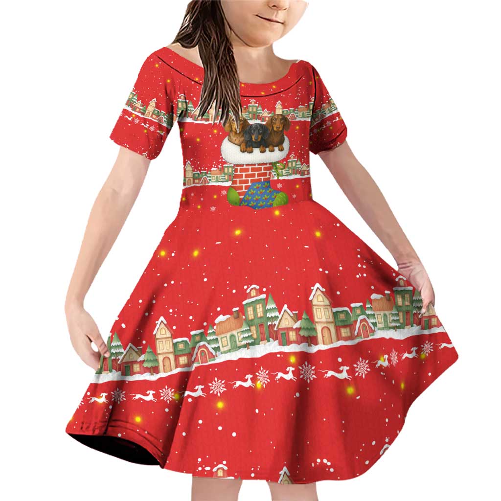 Funny Dachshund Dog Light Up Christmas Family Matching Off Shoulder Short Dress and Hawaiian Shirt Snowy Village Red Holiday Design - Wonder Print Shop