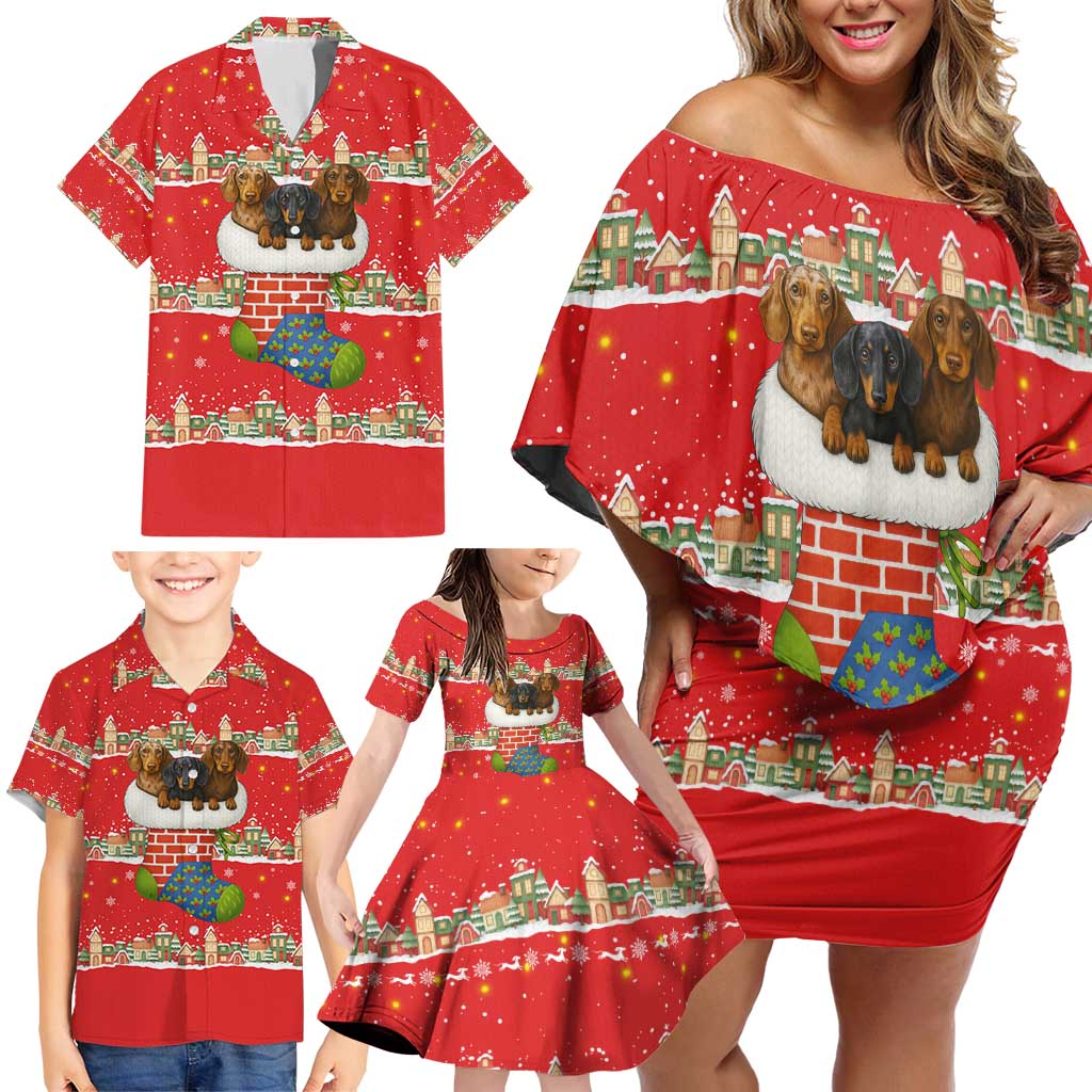 Funny Dachshund Dog Light Up Christmas Family Matching Off Shoulder Short Dress and Hawaiian Shirt Snowy Village Red Holiday Design - Wonder Print Shop